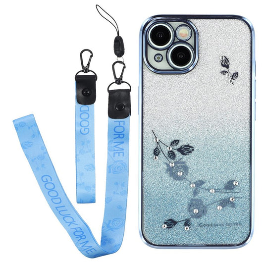 KADEM TPU Phone Cover for iPhone 14 , Flower Design Glitter Rhinestone Decor Cellphone Case with Strap - Blue