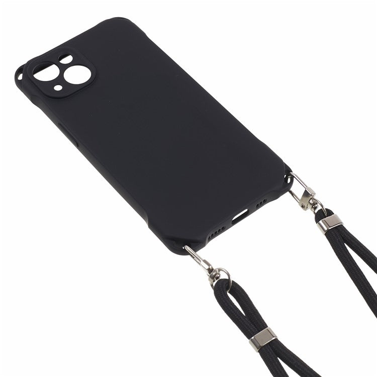 Phone Cover for iPhone 14 Four Corner Thickened Shockproof TPU Phone Case with Hanging Rope - Black