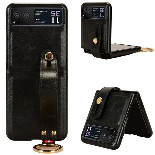 Wristband Phone Cover for Motorola Razr 40 5G , Leather Coating PC+TPU Back Case with Neck Strap - Black