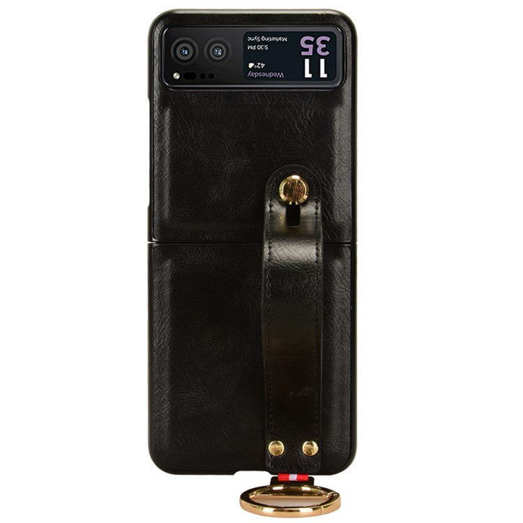 Wristband Phone Cover for Motorola Razr 40 5G , Leather Coating PC+TPU Back Case with Neck Strap - Black
