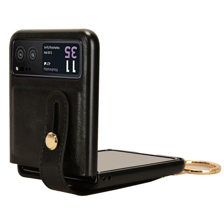 Wristband Phone Cover for Motorola Razr 40 5G , Leather Coating PC+TPU Back Case with Neck Strap - Black