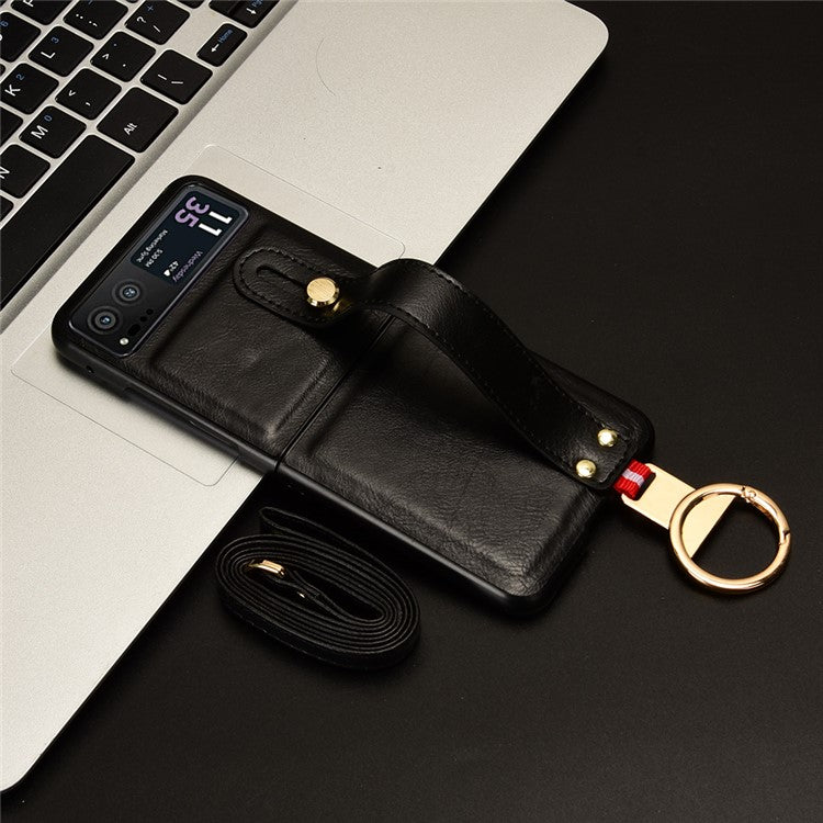 Wristband Phone Cover for Motorola Razr 40 5G , Leather Coating PC+TPU Back Case with Neck Strap - Black