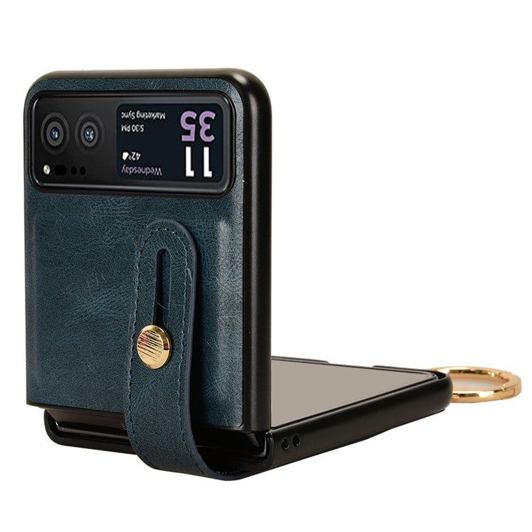 Wristband Phone Cover for Motorola Razr 40 5G , Leather Coating PC+TPU Back Case with Neck Strap - Blue