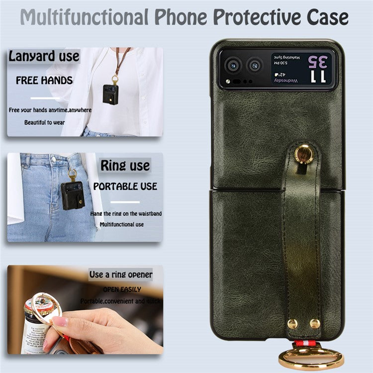 Wristband Phone Cover for Motorola Razr 40 5G , Leather Coating PC+TPU Back Case with Neck Strap - Green