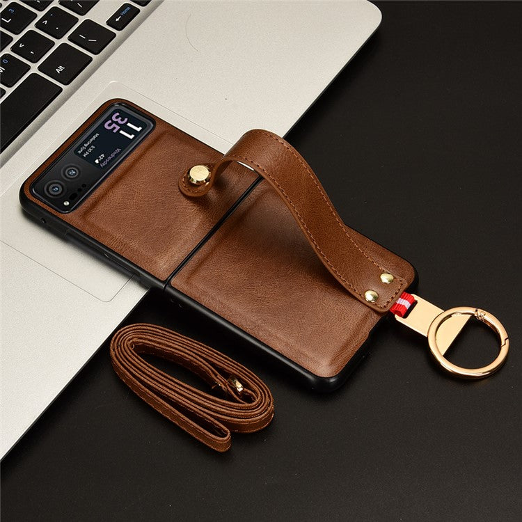 Wristband Phone Cover for Motorola Razr 40 5G , Leather Coating PC+TPU Back Case with Neck Strap - Brown