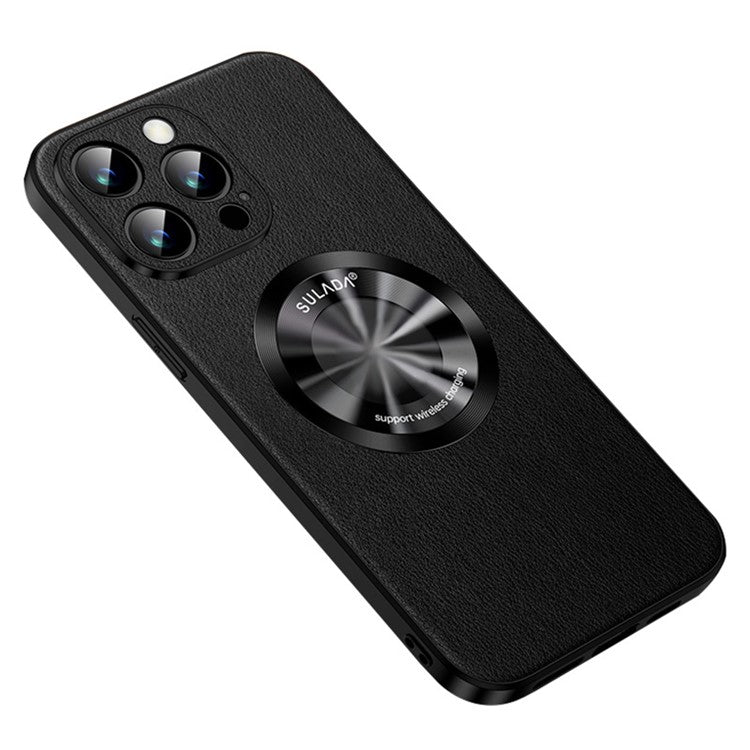 SULADA Phone Cover for iPhone 14 Pro , Compatible with MagSafe Cowhide Texture PU Leather Coated TPU Case - Black