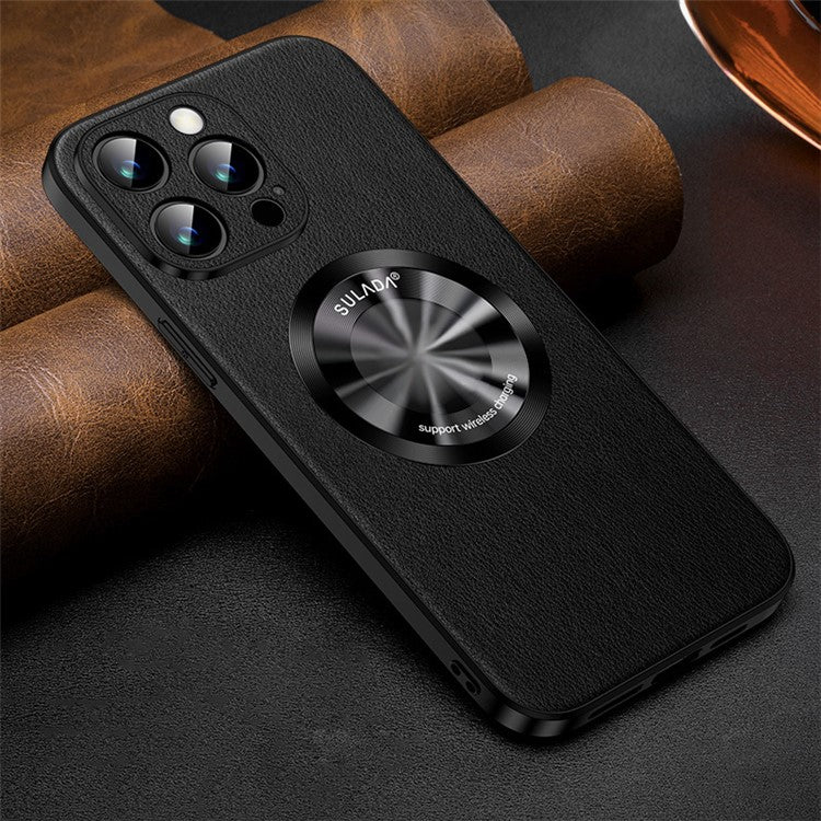 SULADA Phone Cover for iPhone 14 Pro , Compatible with MagSafe Cowhide Texture PU Leather Coated TPU Case - Black