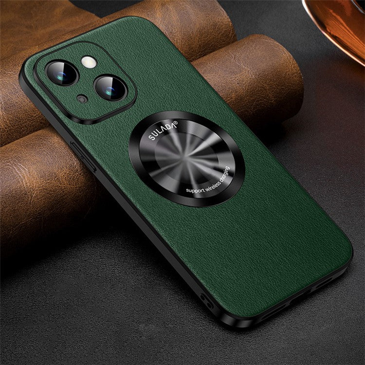 SULADA Phone Cover for iPhone 14 Plus , Anti-scratch Cowhide Texture PU Leather Coated TPU Case Compatible with MagSafe - Green