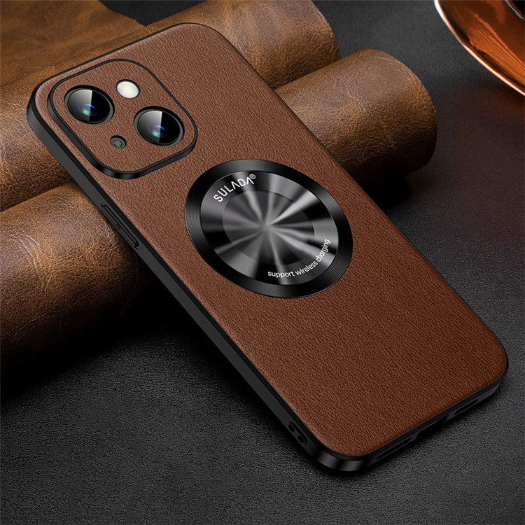 SULADA Phone Cover for iPhone 14 Plus , Anti-scratch Cowhide Texture PU Leather Coated TPU Case Compatible with MagSafe - Brown