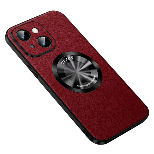 SULADA Phone Back Guard Cover for iPhone 14 , Cowhide Texture PU Leather Coated TPU Case Compatible with MagSafe - Red