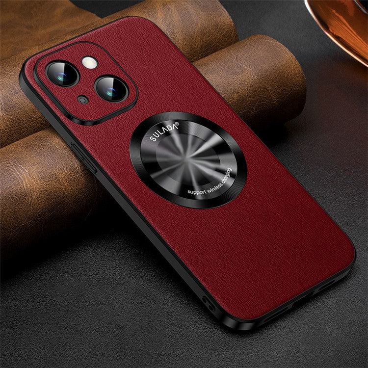 SULADA Phone Back Guard Cover for iPhone 14 , Cowhide Texture PU Leather Coated TPU Case Compatible with MagSafe - Red