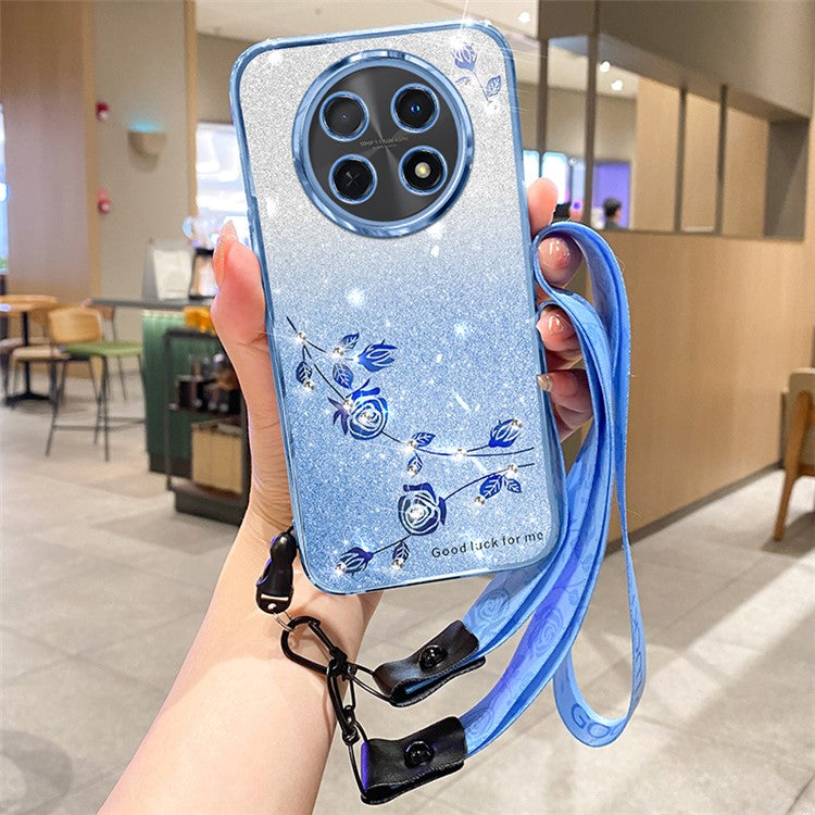 KADEM For Huawei nova Y91 4G / Enjoy 60X Anti-fall Case Glitter Rhinestone Decor Flower Pattern TPU Phone Cover with Strap - Blue