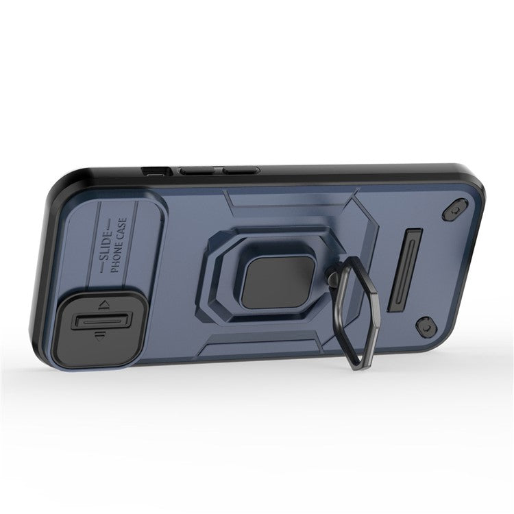 Cellphone Shell for iPhone 14 Plus , PC+TPU Phone Case Slide Lens Protection Kickstand Back Cover - Blue