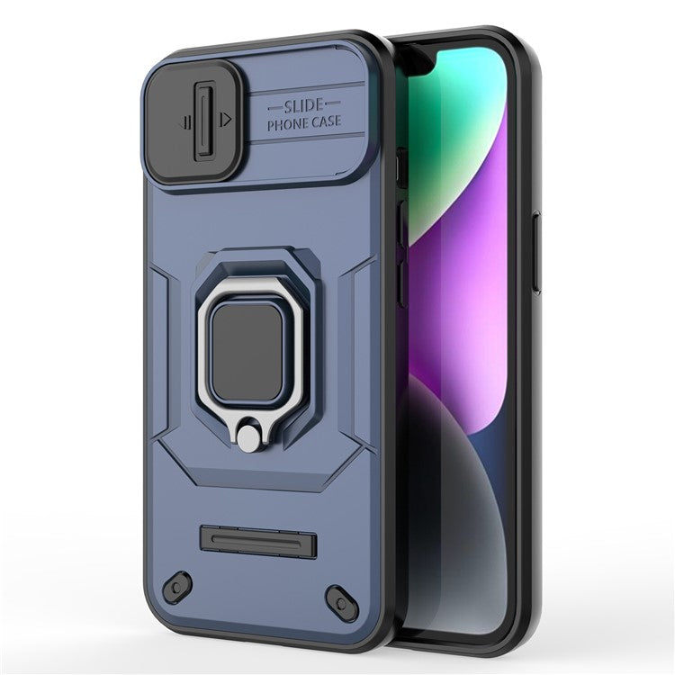 Cellphone Shell for iPhone 14 Plus , PC+TPU Phone Case Slide Lens Protection Kickstand Back Cover - Blue