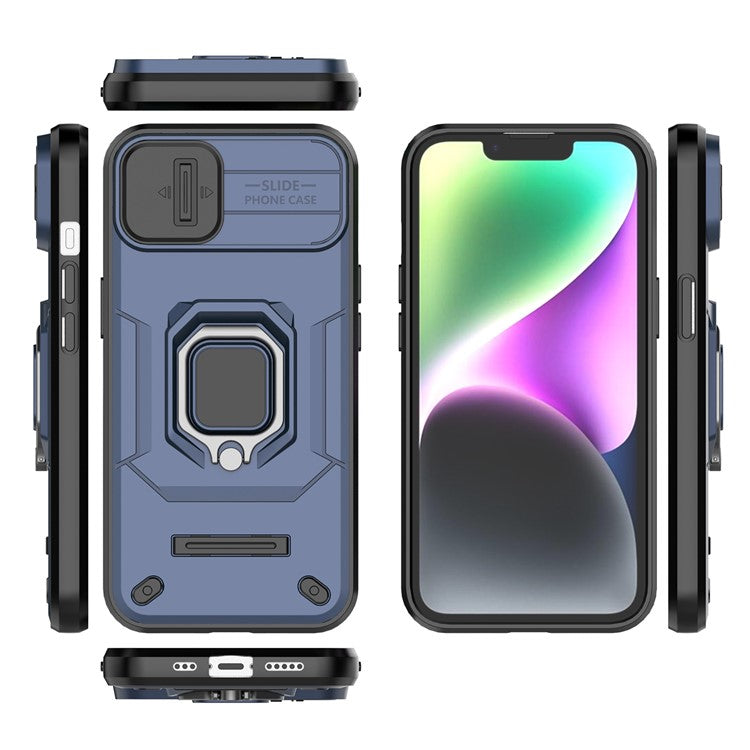 Cellphone Shell for iPhone 14 Plus , PC+TPU Phone Case Slide Lens Protection Kickstand Back Cover - Blue