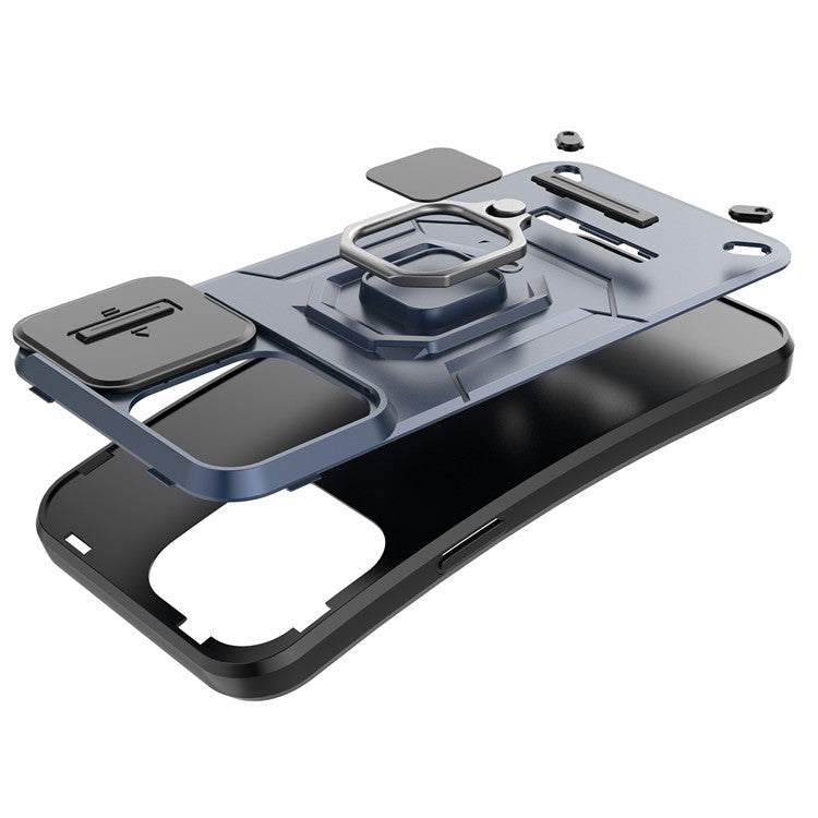 Cellphone Shell for iPhone 14 Plus , PC+TPU Phone Case Slide Lens Protection Kickstand Back Cover - Blue