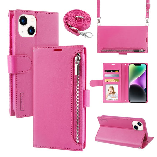 HANMAN Miki Series For iPhone 14 Plus Zipper Pocket Phone Leather Case Wallet Stand Cover with Shoulder Strap - Red