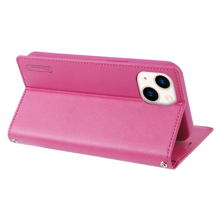 HANMAN Miki Series For iPhone 14 Plus Zipper Pocket Phone Leather Case Wallet Stand Cover with Shoulder Strap - Red