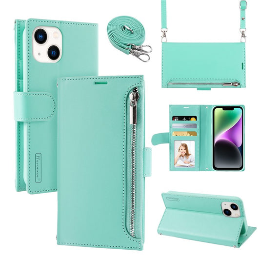 HANMAN Miki Series Zipper Pocket Phone Case for iPhone 14 , PU Leather Wallet Stand Cover with Shoulder Strap - Green