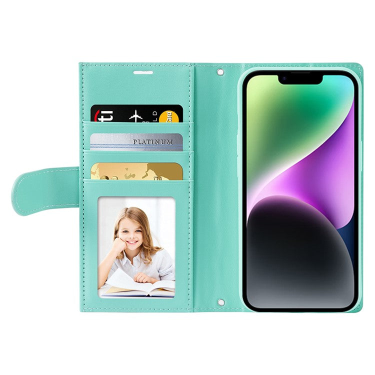 HANMAN Miki Series Zipper Pocket Phone Case for iPhone 14 , PU Leather Wallet Stand Cover with Shoulder Strap - Green