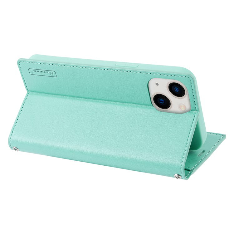 HANMAN Miki Series Zipper Pocket Phone Case for iPhone 14 , PU Leather Wallet Stand Cover with Shoulder Strap - Green
