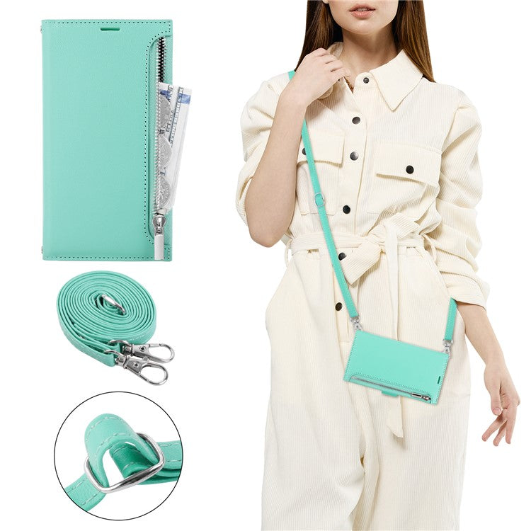 HANMAN Miki Series Zipper Pocket Phone Case for iPhone 14 , PU Leather Wallet Stand Cover with Shoulder Strap - Green