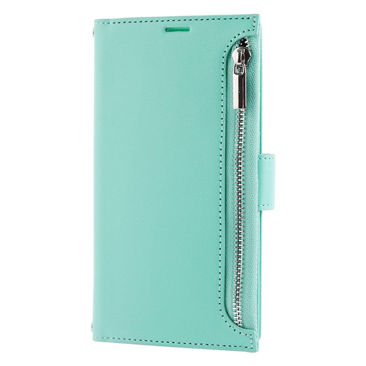 HANMAN Miki Series Zipper Pocket Phone Case for iPhone 14 , PU Leather Wallet Stand Cover with Shoulder Strap - Green