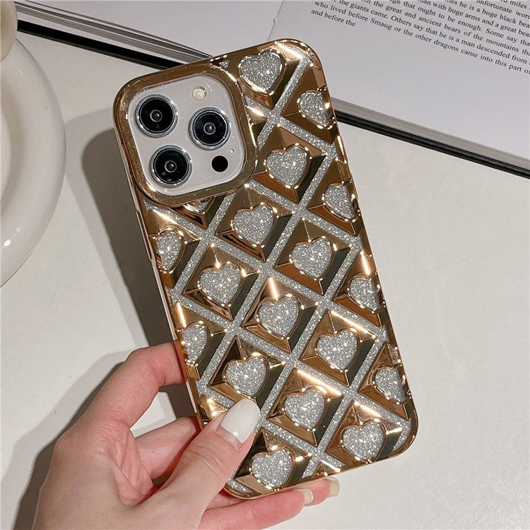 For iPhone 14 Pro Max Electroplating Rhombus Heart Phone Case TPU Cell Phone Cover - Gold