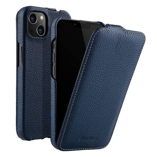 MELKCO For iPhone 14 Genuine Cow Leather+PC Shell Vertical Flip Litchi Texture Protection Phone Cover - Dark Blue
