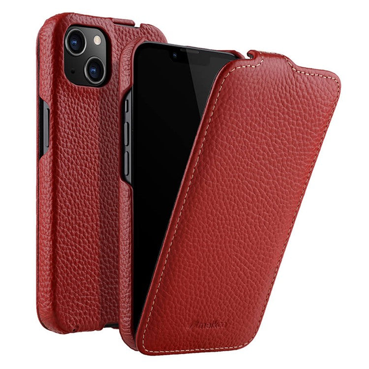 MELKCO For iPhone 14 Genuine Cow Leather+PC Shell Vertical Flip Litchi Texture Protection Phone Cover - Red