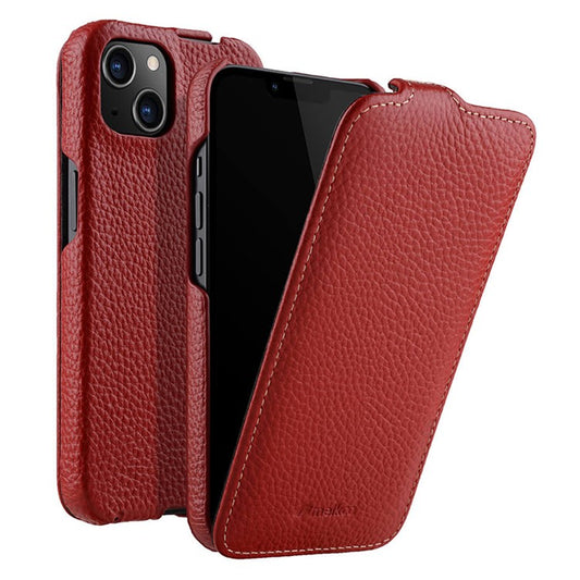 MELKCO For iPhone 14 Genuine Cow Leather+PC Shell Vertical Flip Litchi Texture Protection Phone Cover - Red