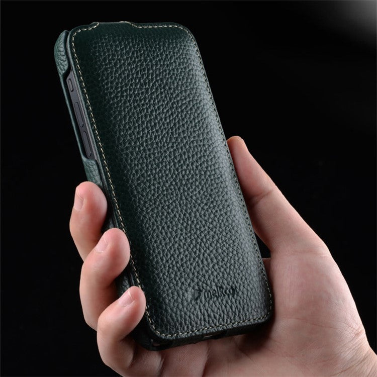 MELKCO For iPhone 14 Genuine Cow Leather+PC Shell Vertical Flip Litchi Texture Protection Phone Cover - Red