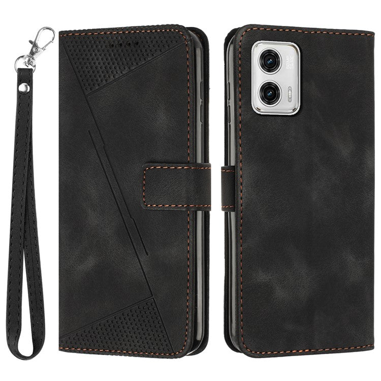 Anti-fall Leather Cover for Motorola Moto G73 5G , Triangle Imprint Wallet Stand Phone Shell with Strap - Black