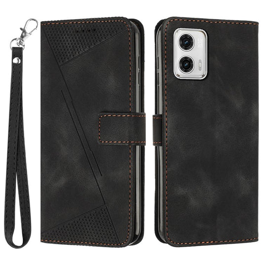 Anti-fall Leather Cover for Motorola Moto G73 5G , Triangle Imprint Wallet Stand Phone Shell with Strap - Black