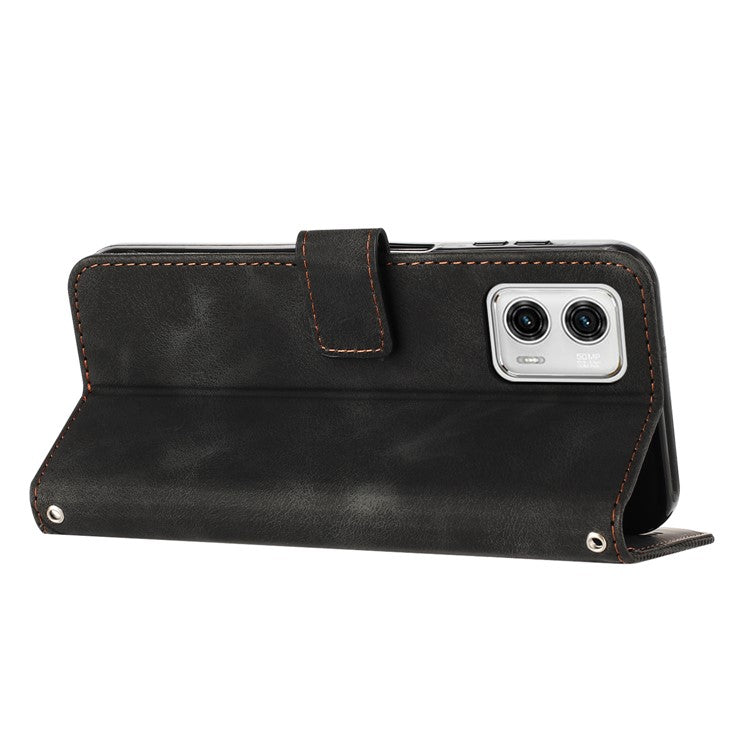 Anti-fall Leather Cover for Motorola Moto G73 5G , Triangle Imprint Wallet Stand Phone Shell with Strap - Black