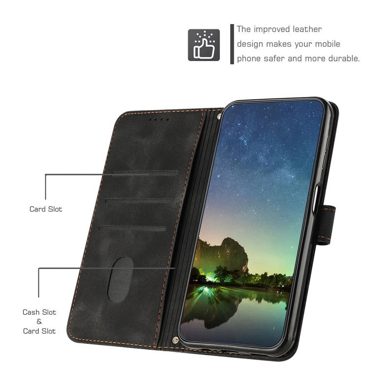 Anti-fall Leather Cover for Motorola Moto G73 5G , Triangle Imprint Wallet Stand Phone Shell with Strap - Black