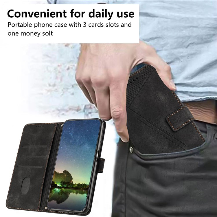 Anti-fall Leather Cover for Motorola Moto G73 5G , Triangle Imprint Wallet Stand Phone Shell with Strap - Black