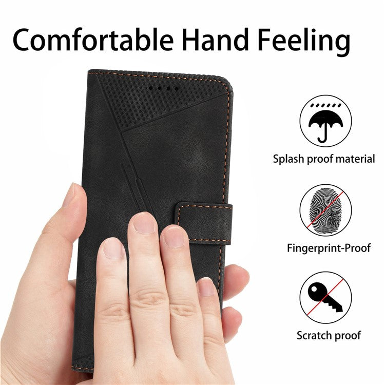 Anti-fall Leather Cover for Motorola Moto G73 5G , Triangle Imprint Wallet Stand Phone Shell with Strap - Black