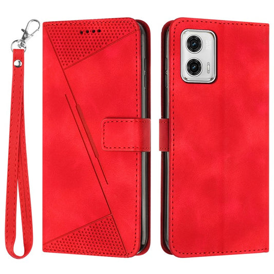 Anti-fall Leather Cover for Motorola Moto G73 5G , Triangle Imprint Wallet Stand Phone Shell with Strap - Red