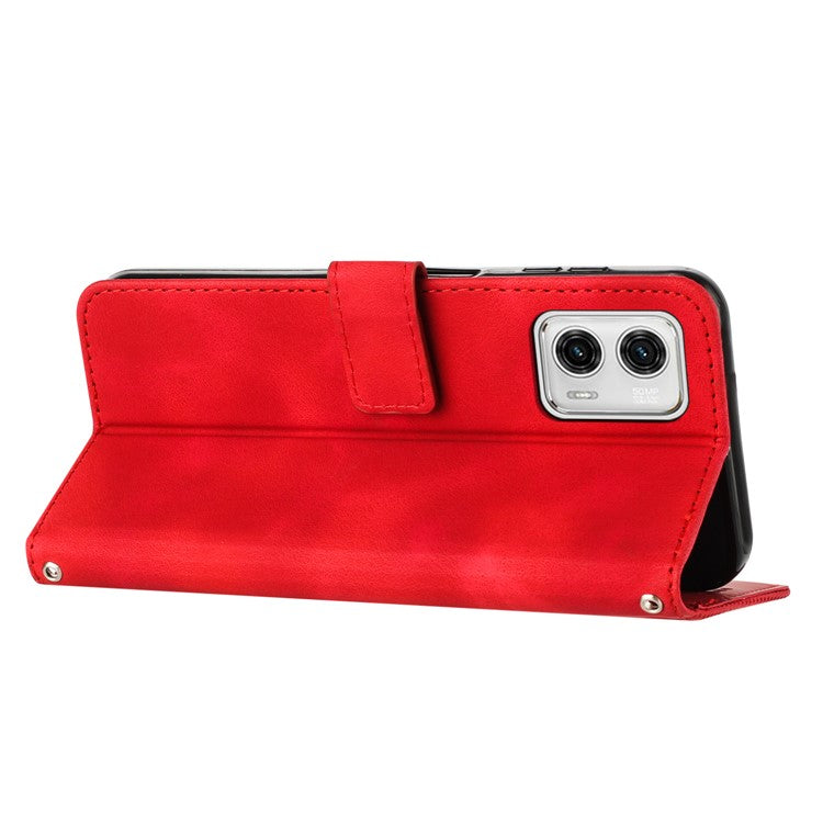 Anti-fall Leather Cover for Motorola Moto G73 5G , Triangle Imprint Wallet Stand Phone Shell with Strap - Red