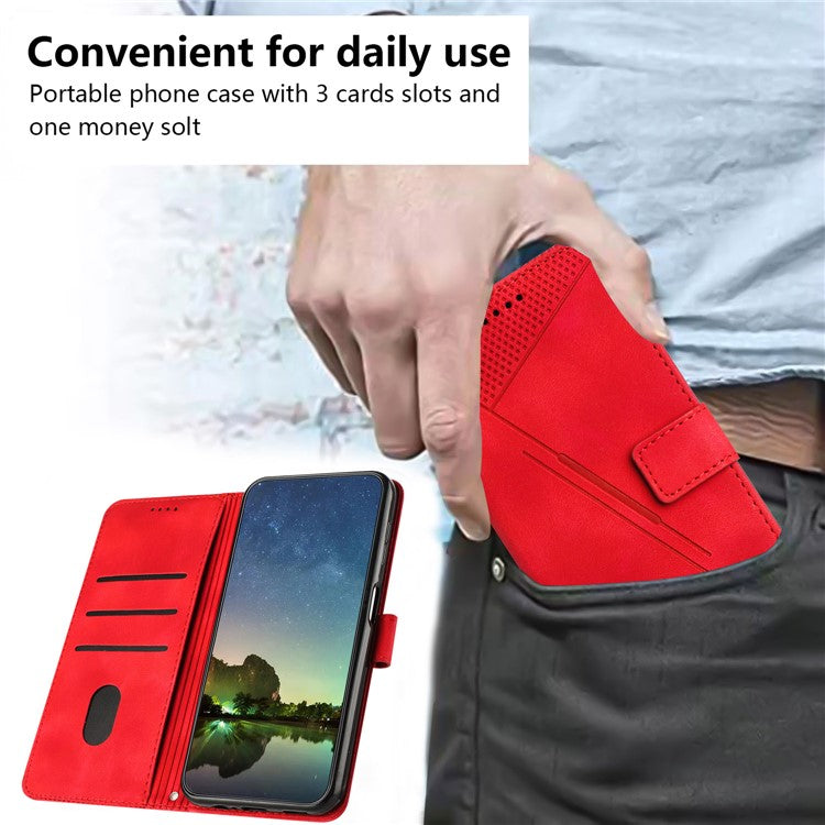 Anti-fall Leather Cover for Motorola Moto G73 5G , Triangle Imprint Wallet Stand Phone Shell with Strap - Red