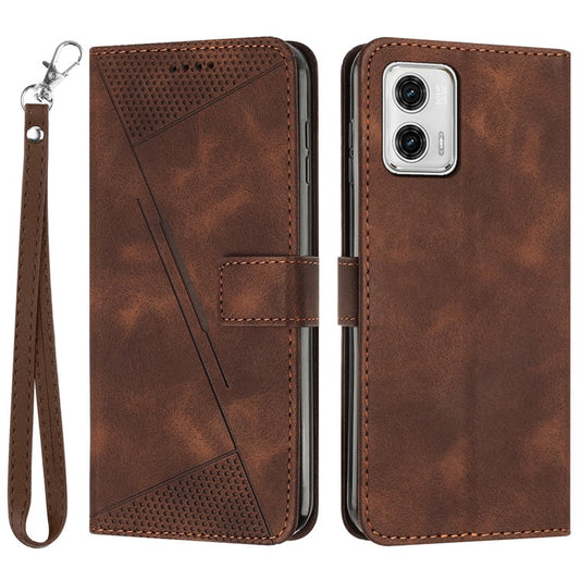 Anti-fall Leather Cover for Motorola Moto G73 5G , Triangle Imprint Wallet Stand Phone Shell with Strap - Brown