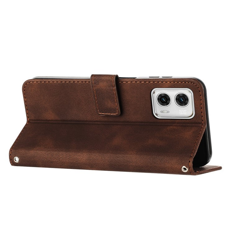 Anti-fall Leather Cover for Motorola Moto G73 5G , Triangle Imprint Wallet Stand Phone Shell with Strap - Brown