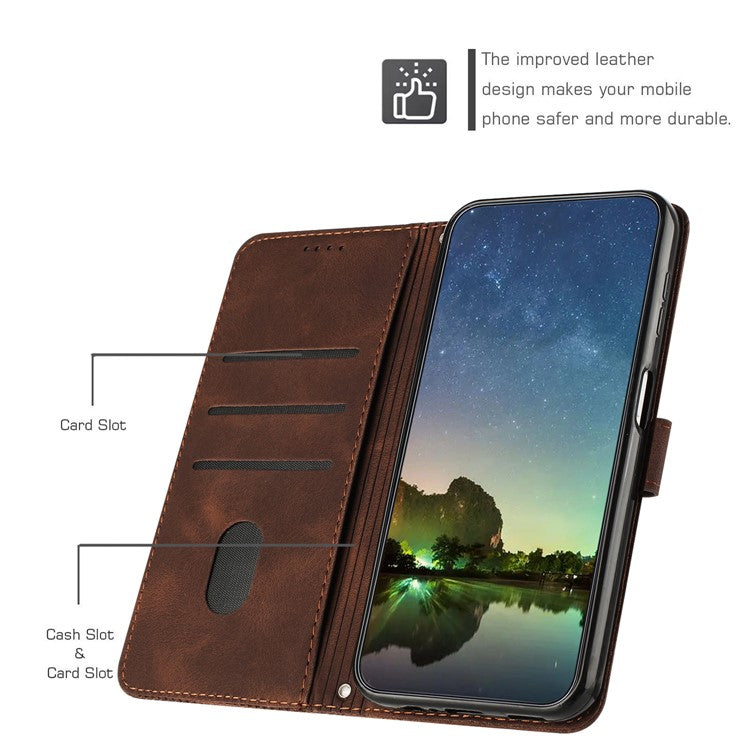 Anti-fall Leather Cover for Motorola Moto G73 5G , Triangle Imprint Wallet Stand Phone Shell with Strap - Brown