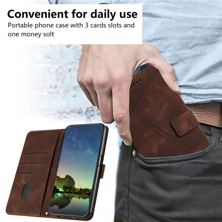Anti-fall Leather Cover for Motorola Moto G73 5G , Triangle Imprint Wallet Stand Phone Shell with Strap - Brown