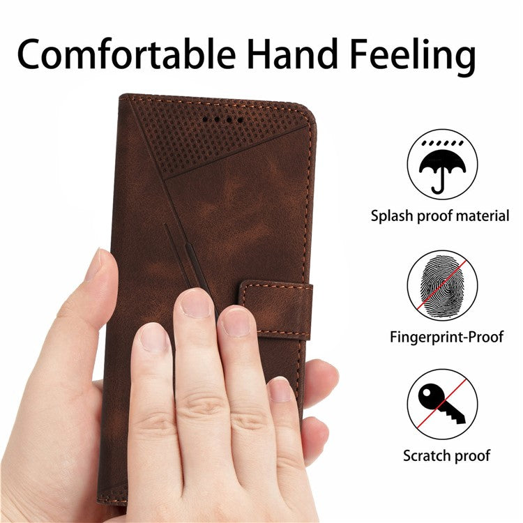 Anti-fall Leather Cover for Motorola Moto G73 5G , Triangle Imprint Wallet Stand Phone Shell with Strap - Brown