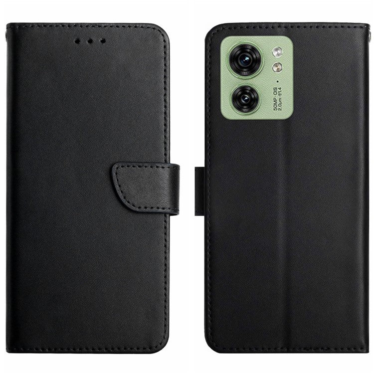 HT02 For Motorola Edge 40 5G Wallet Phone Case Genuine Cow Leather Stand Phone Cover - Black