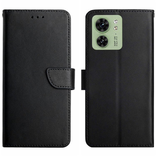 HT02 For Motorola Edge 40 5G Wallet Phone Case Genuine Cow Leather Stand Phone Cover - Black