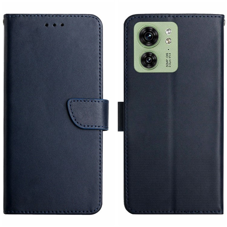 HT02 For Motorola Edge 40 5G Wallet Phone Case Genuine Cow Leather Stand Phone Cover - Blue