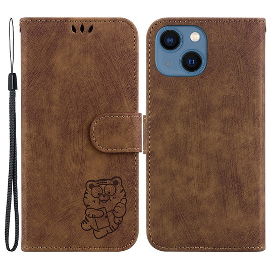 Cute Tiger Imprint Phone Case for iPhone 14 Leather Wallet Stand Anti-drop Cover - Brown